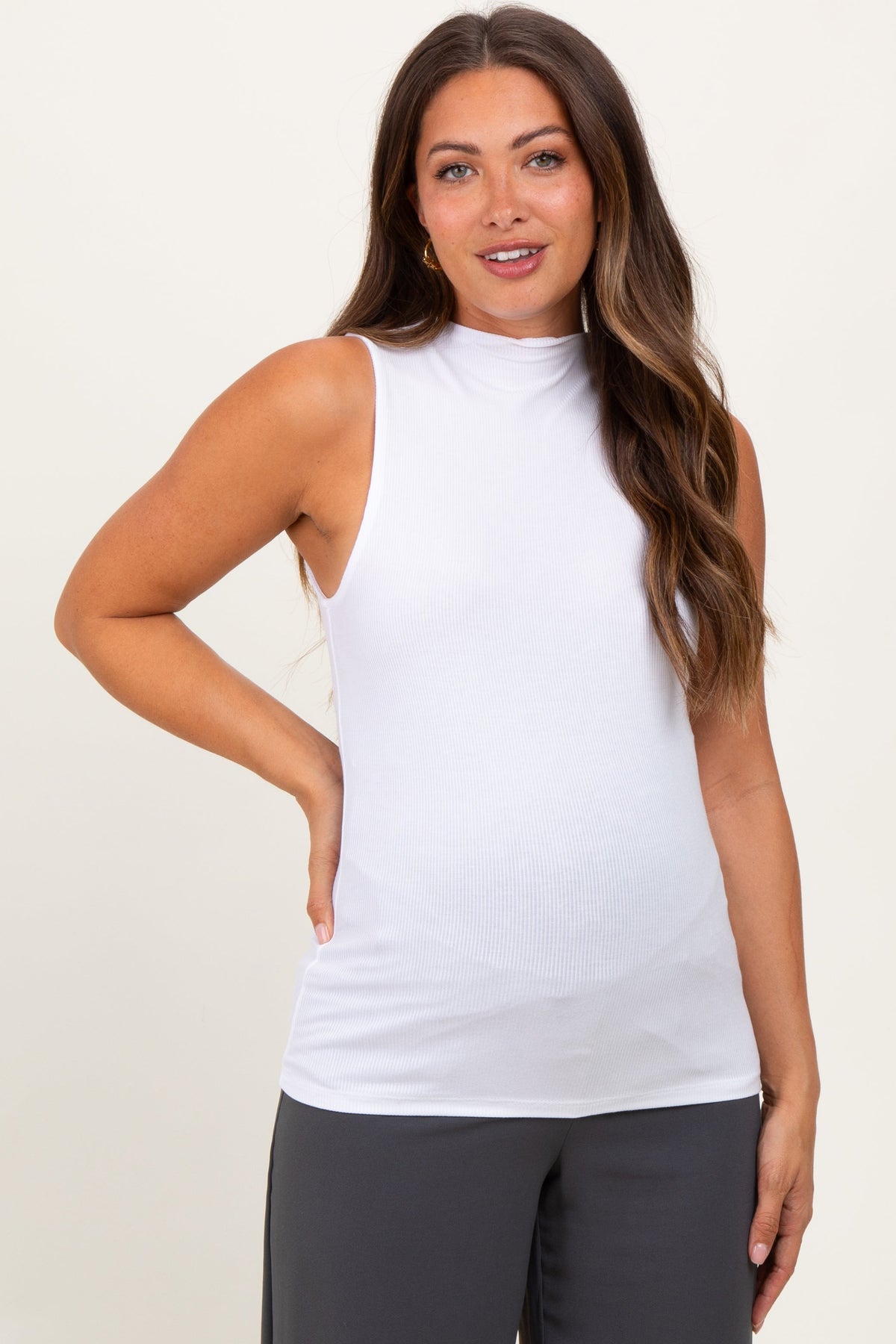 White Ribbed Sleeveless Mock Neck Maternity Top