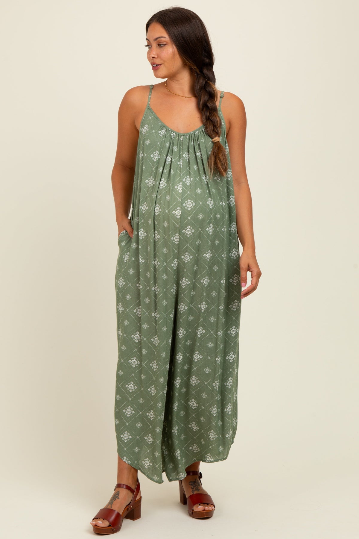 Olive Tile Mosaic Printed Cami Maternity Jumpsuit