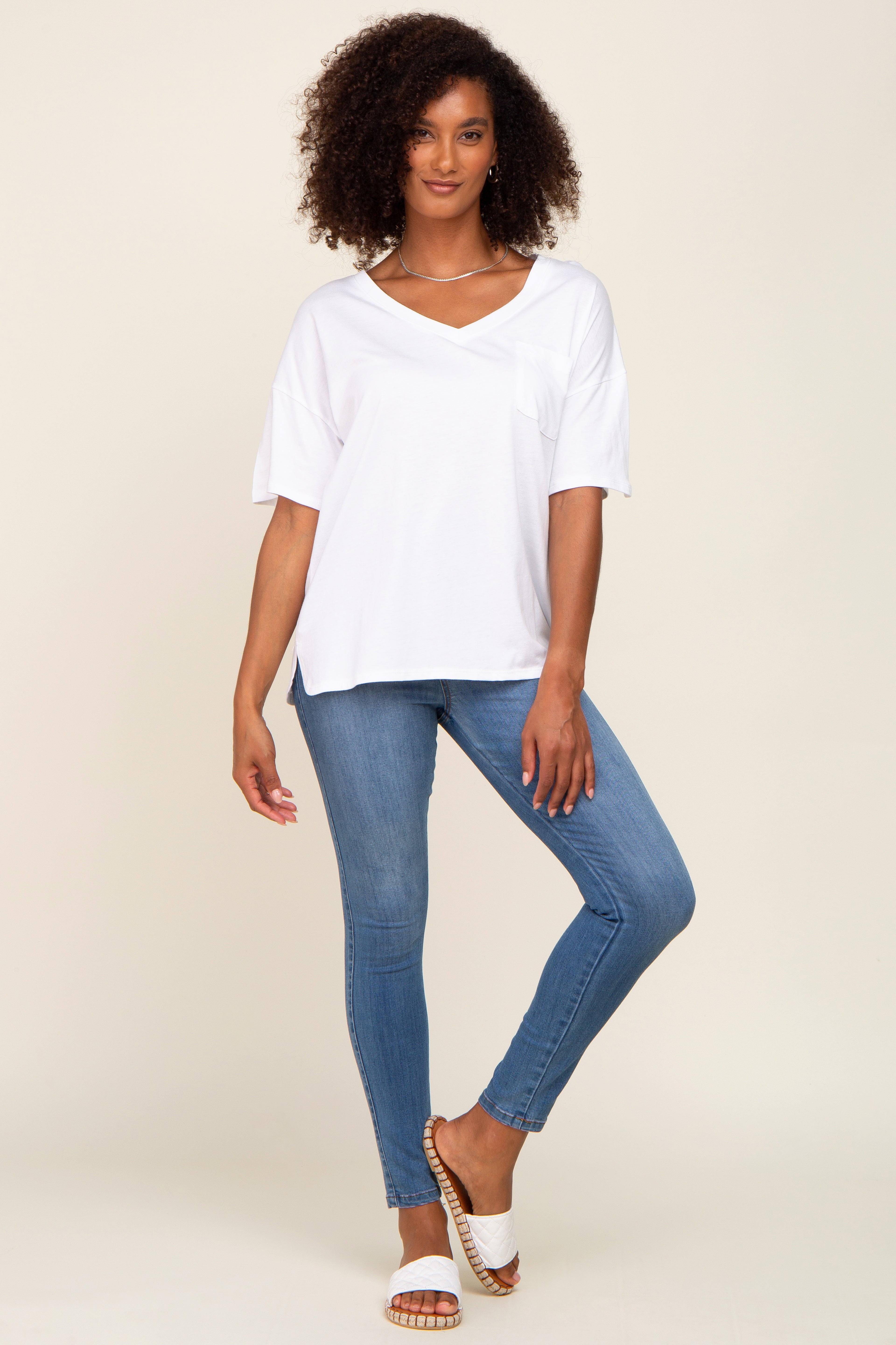 White Pocketed V-Neck Maternity Top