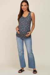 Teal Floral Ribbed Sleeveless Maternity Top